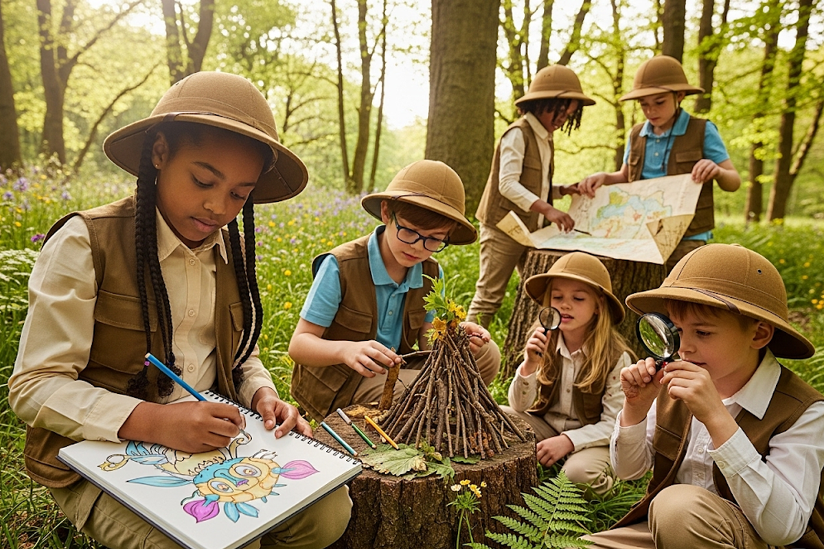 Niños dibujando, construyendo o participando en una actividad práctica