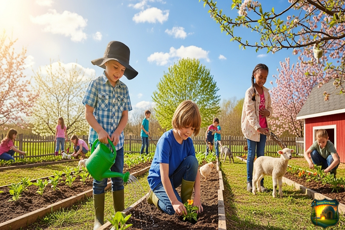 Niños haciendo jardineria o cuidando animales en primavera