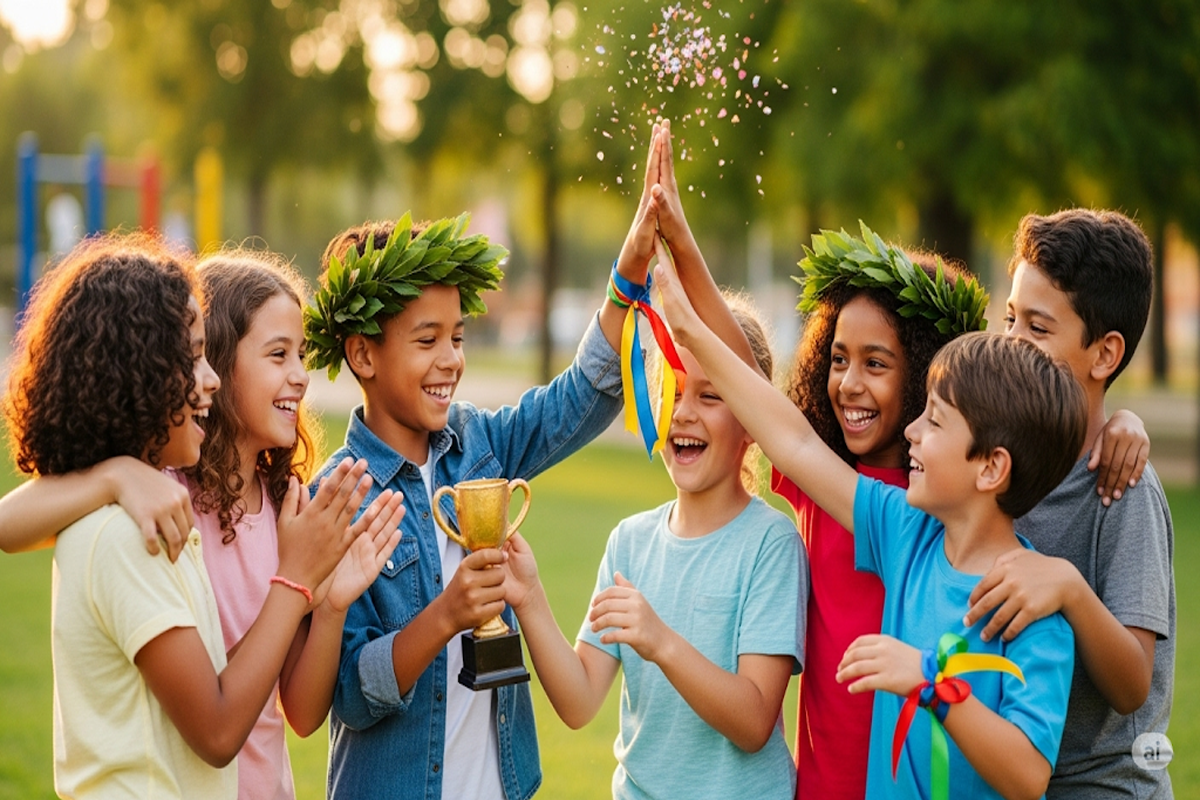 Grupo de niños celebrando logros y amistad