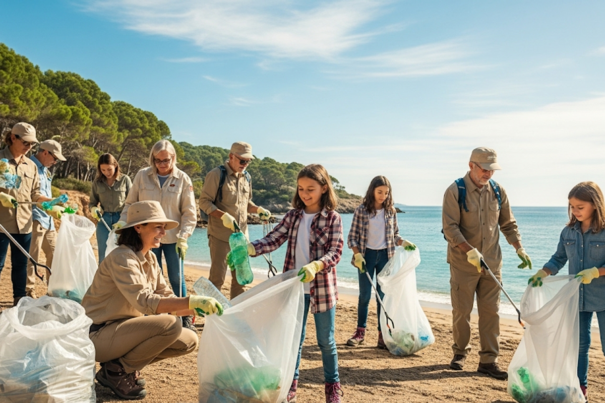 Grupo de personas recogiendo basura en la naturaleza
