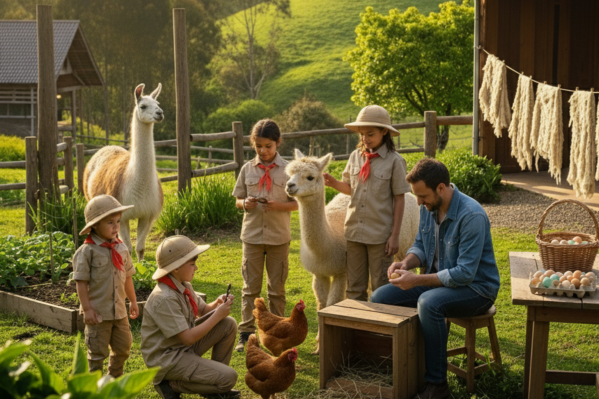 Llamas, alpacas y gallinas Sussex en la granja del Campus