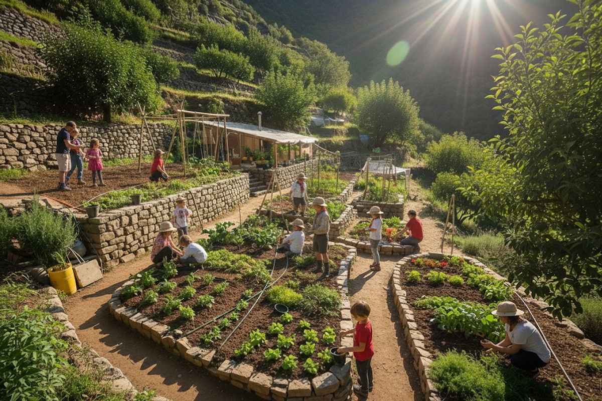 Niños y adultos trabajando en el huerto, cosechando verduras frescas