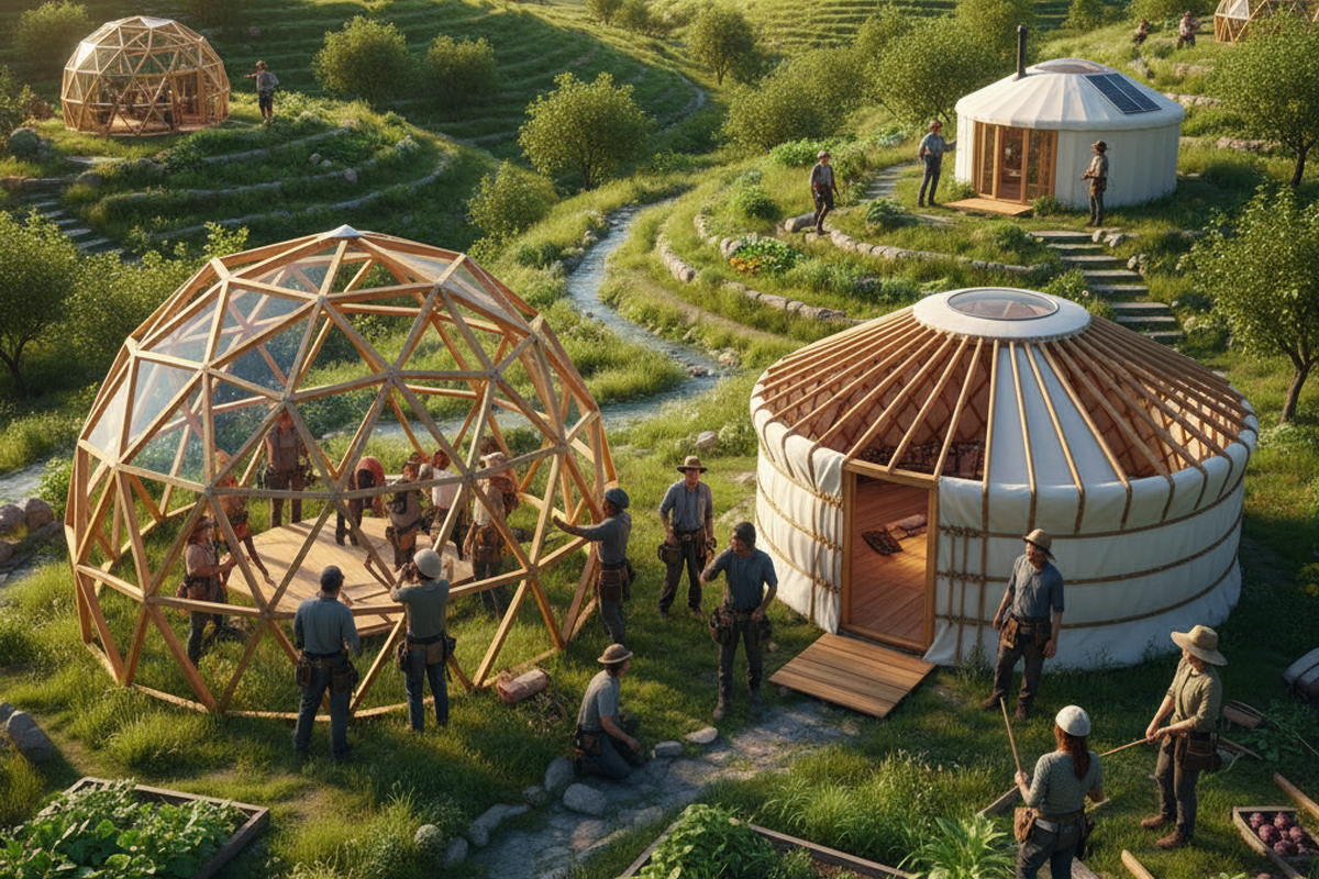 Domos geodésicos del Campus con niños o adultos participando en bioconstrucción