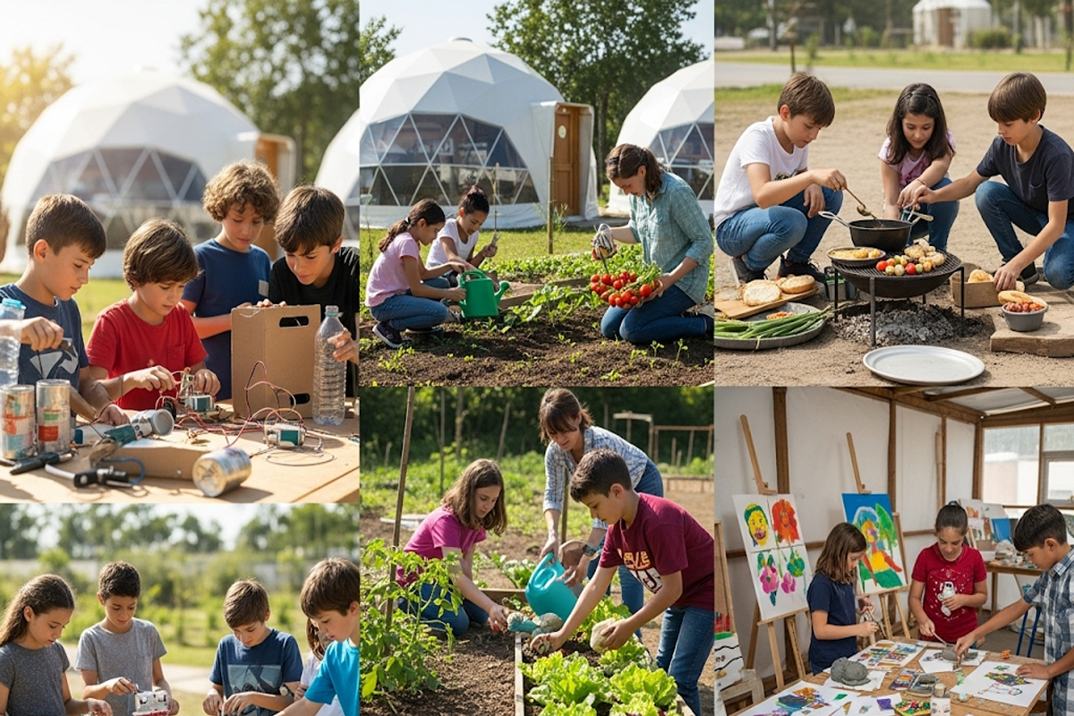 Niños o adolescentes en un taller de robótica o jardinería