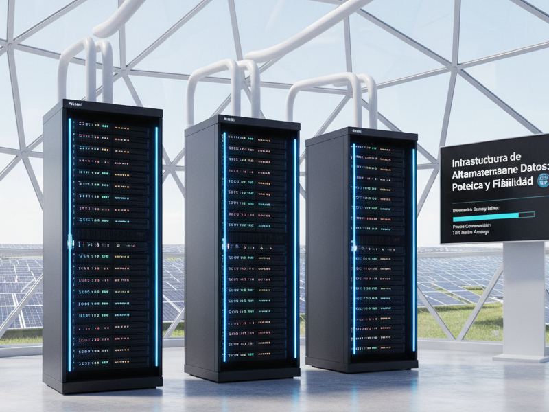 Racks de servidores con luces LED en un centro de datos limpio y moderno
